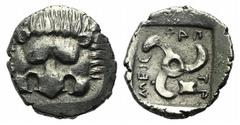 Greek Dynasts of Lycia, Mithrapata (c. 390-370 BC). AR Diobol (12mm, 1.21g, 3h). Uncertain mint. Lion scalp facing. R/ Triskeles; astragalos to lower l.; all within incuse square. Müseler VII, 83; SNG