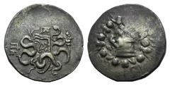 Greek Mysia, Pergamon, c. 123-104 BC. AR Cistophoric Tetradrachm (27mm, 12.58g, 12h). Cista mystica with serpent; all within ivy wreath. R/ Bow-case with serpents, monogram above, serpent-entwined thy