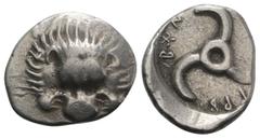 Greek Dynasts of Lycia, Trbbenimi (c. 380-370 BC). AR Tetrobol (17mm, 3.12g). Facing lion's scalp. R/ Triskeles. SNG von Aulock 4215. VF