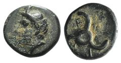 Greek Dynasts of Lycia, Perikles (c. 380-360 BC). Æ (11mm, 1.90g). Horned head of Pan l. R/ Triskeles. Falghera 219-23; SNG von Aulock 4257-8. Green patina, Good Fine