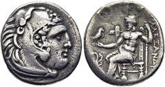 MONEDAS ANTIGUAS. GRECIA MACEDONIA MYSIA TROAS AEOLIS. Alejandro III el Grande. 336-323 aC. Dracma eubeo ático. Acuñada en Lampsacus. Cabeza de Hércules con leonte. Zeus entronizado con el protomo de 