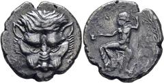 COLECCIÓN DE MONEDA GRIEGA DE PLATA / greek silver collection BRUTTIUM-RHEGION. Tetradracma. 466-415 a.C. Máscara de león de frente. Aristes barbado sentado a izquierda con vaso y báculo, cigüeña bajo