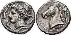 COLECCIÓN DE MONEDA GRIEGA DE PLATA / greek silver collection CARTAGO-ZEUGITANIA. Tetradracma. 410-360 a.C. Cabeza de Arethusa peinada con espigas a izquierda, cuatro delfines alrededor. Prótomo de ca