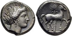 COLECCIÓN DE MONEDA GRIEGA DE PLATA / greek silver collection CARTAGO-ZEUGITANIA. Tetradracma. 380-310 a.C. Cabeza de Arethusa a derecha con adorno vegetal en el cabello. Caballo marchando a derecha y