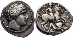 COLECCIÓN DE MONEDA GRIEGA DE PLATA / greek silver collection PAENONIA-PATRAOS. Tetradracma. 340-315 a.C. Cabeza laureada de Apolo a derecha dentro de grafila de perlas. Jinete armado galopando a la d