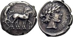COLECCIÓN DE MONEDA GRIEGA DE PLATA / greek silver collection SICILIA-KATANA. Tetradracma. 461-413 a.C. Biga al paso a derecha guiada por auriga. Cabeza laureada de Apolo a derecha con pelo largo e ín