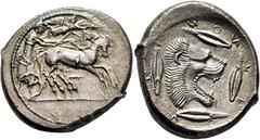 COLECCIÓN DE MONEDA GRIEGA DE PLATA / greek silver collection SICILIA-LEONTINI. Tetradracma. 500-466 a.C. Biga al trote a derecha, Niké volando a derecha coronándola, auriga con látigo tomando con amb