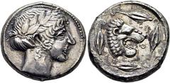 COLECCIÓN DE MONEDA GRIEGA DE PLATA / greek silver collection SICILIA-LEONTINI. Tetradracma. 466-422 a.C. Cabeza de Apolo laureado a derecha con grafíla de perlas. Cabeza de león con las fauces abiert