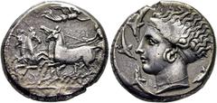 COLECCIÓN DE MONEDA GRIEGA DE PLATA / greek silver collection SICILIA-SIRACUSA. Tetradracma. 399-387 a.C. Cuadriga al galope a izquierda con caballos alterados, Niké volando coronando al auriga; en ex