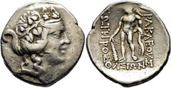 COLECCIÓN DE MONEDA GRIEGA DE PLATA / greek silver collection TRACIA-THASOS. Tetradracma. Posterior a 148 a.C. Cabeza juvenil de Dionisos a derecha, coronada con hojas de hiedra. Herakles desnudo esta