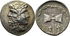COLECCIÓN DE MONEDA GRIEGA DE PLATA / greek silver collection TROAS-ISLAS DE TENEDOS-TENES. Tetradracma. Ca. 190 a.C. Cabeza janeiforme de Zeus y Hera. Hacha bipene, encima ΤΕΝΕΔΙΩΝ, debajo racimo de 