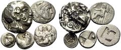 MONEDAS GRIEGAS Dracma, MACEDONIA, Alejandro III El Grande. 300-280 a.C. Cy1355 vte. 4 grs; Hemidracma, TRACIA, Chersoneos. 480-350 a.C. Cy1500 (250 €). 2,4 grs; Hemiestátera babilónica, TRACIA, Thaso