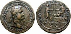 Primera sesión, 29 de noviembre MUNDO ROMANO Monedas de bronce - Imperio Romano Domiciano No.: 556 Starting Price - Precio de salida: EUR 100 Sestercio. PONT. MAX. TR. P Recreación antigua de la piez