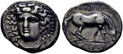 GRIEGAS / greek coins THESSALIA-LARISSA. Dracma eginético. 400-344 a.C. Cabeza de la ninfa Larissa ligeramente girada a izquierda. Caballo pastando a derecha, leyendas encima y debajo. Cy1694 (1.000 €