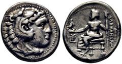 GRIEGAS / greek coins MACEDONIA. Alejandro III el Grande. Dracma eubeo-ático. 300-280 a.C. Cabeza de Heracles con leonté anudada con las garras. Zeus entronizado con águila y cetro, bajo el brazo YE. 