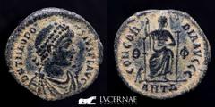 Roman Empire Theodosius I Æ Bronze Follis 2.40 g. 19 mm. Antioch 375-395 AD Good very fine (MBC+) Roman Empire - Theodosius I (375-395 AD) Æ Follis (2.40 g. 19 mm.). Antioch, AD 378-383. D N THEODOSIV