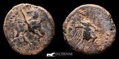 Ancient Hispania Ancient Hispania - Carissa, Bornos (Cádiz). Bronze semis (6.47 g., 22 mm.) minted around 100-50 BC. Barehead right / Horseman with shield. FAB-448. Good fine. Struck over an Obulco se