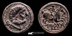 Ancient Hispania Hispania Antígua - Titiacos (actual Tricio, La Rioja) As de bronce (8.00 g., 24 mm.) .150-100 a.C. Cabeza masculina barbada y con collar a derecha, detrás Ti. / Jinete lancero a derec