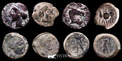 Ancient Hispania Roman Republic - Hispania. 2 x Corduba, bronze semis, minted between Julius Caesar and Pompeius sons (Civil War-44-55 B.C.) 1 x Carissa, bronze semis 1 x Cartagonova, bronze calco.