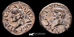 Roman Provincial Hispania, Carthagonova mint. Tiberius, with Gaius (Caligula) as Caesar. AD 14-37. Æ Sextans (4.40 g. 18 mm.). Struck AD 33-37. TI CAESAR DIVI AVG F R Laureate head of Tiberius left. C