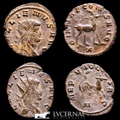 Roman Empire Roman Empire - Lot comprising two coins: Gallienus. (A.D. 253-268.) AE antoninianus. Zoo series. Rome. 1 - GALLIENVS AVG, radiated head right / NEPTVNO CONS AVG, hippocampus right; N. RIC