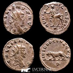 Roman Empire Roman Empire - Lot comprising two coins: Gallienus. (A.D. 253-268.) AE antoninianus. Zoo series. Rome. 1 - GALLIENVS AVG, radiate head of Gallienus right / APOLLINI CONS AVG, centaur walk