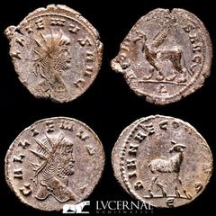 Roman Empire Roman Empire - Lot comprising two coins: Gallienus. (A.D. 253-268.) AE antoninianus. Zoo series. Rome. 1 - GALLIENVS AVG, head right./ DIANAE CONS AVG, doe standing right; Є in exergue. C