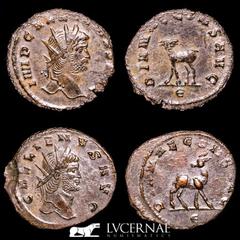 Roman Empire Roman Empire - Lot comprising two coins: Gallienus. (A.D. 253-268.) AE antoninianus. Zoo series. Rome. 1 - IMP GALLIENVS AVG, head right./ DIANAE CONS AVG, doe standing left; Є in exergue