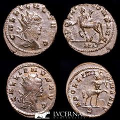 Roman Empire Roman Empire - Lot comprising two coins: Gallienus. (A.D. 253-268.) AE antoninianus. Zoo series. Rome. 1 - GALLIENVS AVG, radiate head of Gallienus right / APOLLINI CONS AVG, centaur walk