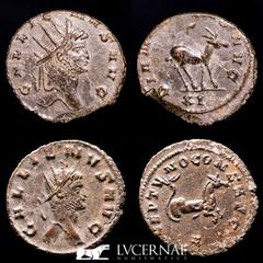 Roman Empire Roman Empire - Lot comprising two coins: Gallienus. (A.D. 253-268.) AE antoninianus. Zoo series. Rome. 1 - GALLIENVS AVG, radiate head right. DIANAE CONS AVG, Antelope standing right, XI 