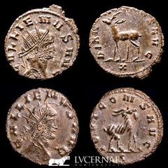Roman Empire Roman Empire - Lot comprising two coins: Gallienus. (A.D. 253-268.) AE antoninianus. Zoo series. Rome. 1 - GALLIENVS AVG, radiate head right. DIANAE CONS AVG, deer standing left, X en exe