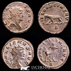 Roman Empire Roman Empire - Lot comprising two coins: Gallienus. (A.D. 253-268.) AE antoninianus. Zoo series. Rome. 1 - GALLIENVS AVG, radiate head of Gallienus right / LIBERO P CONS AVG, Panther stan