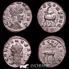 Roman Empire Roman Empire - Lot comprising two coins: Gallienus. (A.D. 253-268.) AE antoninianus. Zoo series. Rome. 1 - GALLIENVS AVG, radiate head of Gallienus right / DIANAE CONS AVG, stag standing 