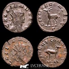 Roman Empire Roman Empire - Lot comprising two coins: Gallienus. (A.D. 253-268.) AE antoninianus. Zoo series. Rome. 1 - GALLIENVS AVG Radiate head of Gallienus to right DIANAE CONS AVG / Γ Antelope wa