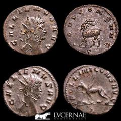 Roman Empire Roman Empire - Lot comprising two coins: Gallienus. (A.D. 253-268.) AE antoninianus. Zoo series. Rome. 1 - GALLIENVS AVG Radiate head of Gallienus to right. / IOVI CONS AVG / Digamma, Goa