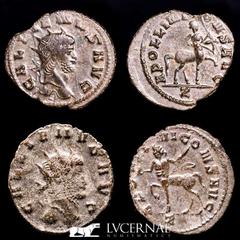 Roman Empire Roman Empire - Lot comprising four coins: Gallienus. (A.D. 253-268.) AE antoninianus. Zoo series. Rome. 1-GALLIENVS AVG, radiate head of Gallienus right / APOLLINI CONS AVG, centaur walki