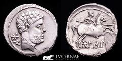 Ancient Hispania Ancient Hispania - Bolskan (Huesca, northern Spain). celtiberian silver denarius (3,41 g. 21 mm.). Celtiberian series with spear-horseman! Second century B.C. Bare bearded head to rig