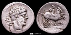 Ancient Hispania Ancient Hispania - Bolskan (Huesca, northern Spain). celtiberian silver denarius (3,93 g. 20 mm..). Celtiberian series with spear-horseman! Second century B.C. Bare bearded head to ri
