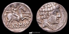Ancient Hispania Ancient Hispania - Bolskan (Huesca, northern Spain). celtiberian silver denarius (3,90 g. 17 mm.). Celtiberian series with spear-horseman! Second century B.C. Bare bearded head to rig