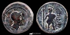 Ancient Hispania Ancient Hispania, Roman Republic times - Ventipo (Casariche, Sevilla) Bronce As (27,93 g. 32 mm.). 150-50 BC. Head to right with helmet. / Soldier with shield and trident on the right