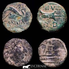 Roman Provincial Ancient Hispania - Carteia. Bronze semis (4.74 g. 19 mm.) 27 a.C.-14 d.C. Minted in San Roque (Cádiz). Dolphin with trident on left, under CARTEIA. / Rudder, on IIII. VIR and below D.