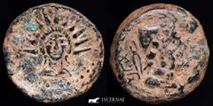 Ancient Hispania Ancient Hispania - Malaca (Malaga, Spain), Bronce As (14,64 g. 24 mm.) minted in II century B.C. Vulcano head right, tongs and punic legend behind, all inside laurel wreath. / God Hel
