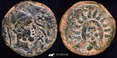 Ancient Hispania Ancient Hispania - Malaca (Malaga, Spain), Bronce As (13,90 g. 24 mm.) minted in II century B.C. Vulcano head right, tongs behind and punic legend on front. / God Helios head-on with 