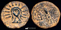 Ancient Hispania Ancient Hispania - Malaca (Malaga, Spain), Bronce As (7,75 g. 24 mm.) minted in II century B.C. Vulcano head left, tongs and punic legend. / God Helios head-on with radiated crown. FA