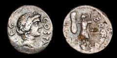 Roman Republican Coins Roman Imperatorial - Rare Brutus - Fouree Denarius, head of Apollo / trophy. M. Junius Brutus with Pedanius Costa (legate). Mint in Greece 43/42 BC. Laureate head of Apollo righ