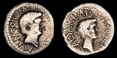 Roman Imperatorial Coins OCTAVIAN and MARK ANTONY. AR Denarius (41 BC). Military mint travelling with Mark Antony. Obv: M ANTON IMP IIIVIR R P C AVG. Bare head of Mark Antony right. Rev: CAESAR IMP PO