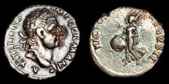 Roman Imperial Coins Roman Empire Vitellius (April - 20 December AD 69.) silver denarius (3,32 g. 17 mm.) from Tarraco mint, 69 A.D. Obv.: A VITELLIVS IMP GERMAN, laureate head right / Rev.: VICTORIA 