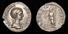 Roman Imperial Coins Plautilla (202-205 AD). AR Denarius (19 mm, 3.30 g), Roma. Obv. PLAVTILLA AVGVSTA, draped bust right. Rev. CONCORDIA AVGG, Concordia standing left, holding patera and sceptre. RIC