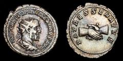 Roman Imperial Coins Roman Empire - Pupienus (238 A.D), Silver Antoninianus. Minted in Rome, 238 A.D. PATRES SENATVS, clasped hands IMP CAES PVPIEN MAXIMVS AVG, radiate, draped and cuirassed bust of P