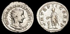 Roman Imperial Coins Gordian III. AD 238-244. Rome Antoninianus AR 23 mm., 4,82 g. IMP GORDIANVS PIVS FEL AVG, radiate, draped and cuirassed bust right / P M TR P II COS P P, Gordian standing left, sa